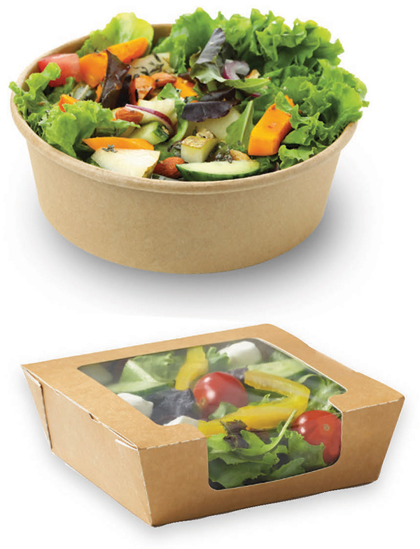 Lebensmittelbehälter für den Sofortverzehr: Oben im Bild eine Salatbowl mit Salat darin, darunter eine geschlossene Salatbox mit Kunststoff-Sichtfenster