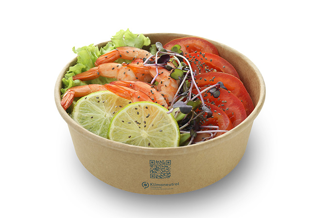 [e]green bowl mit Salat und Klimaneutral-Logo mit QR-Code